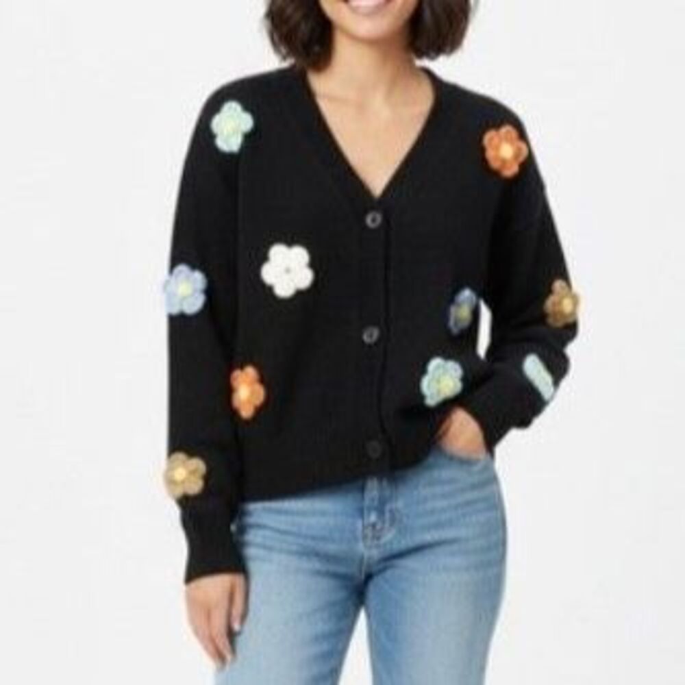Doe and Rae Womens Black 3D Daisy Floral V-Neck LS Y2K Cardigan Sweater Size M